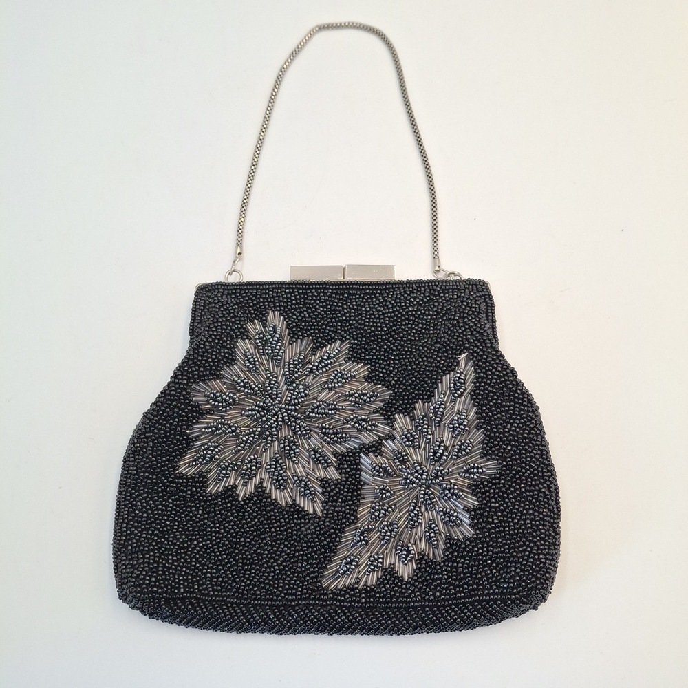 La Regale Vintage Black Beaded Evening Bag Purse Floral Starburst Hand Made HK